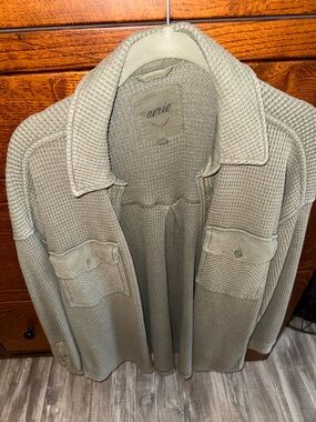 aerie Waffle Knit Button-Up Jacket in Olive